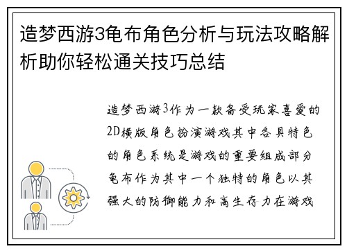 造梦西游3龟布角色分析与玩法攻略解析助你轻松通关技巧总结