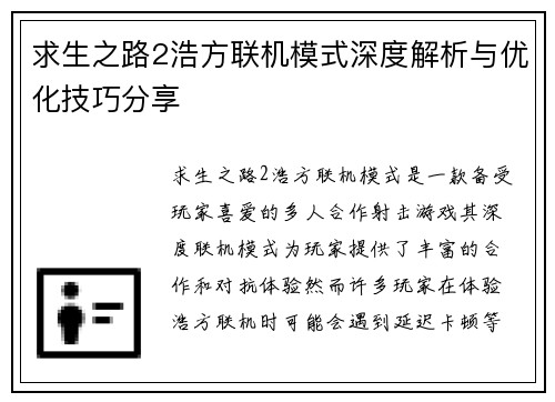 求生之路2浩方联机模式深度解析与优化技巧分享